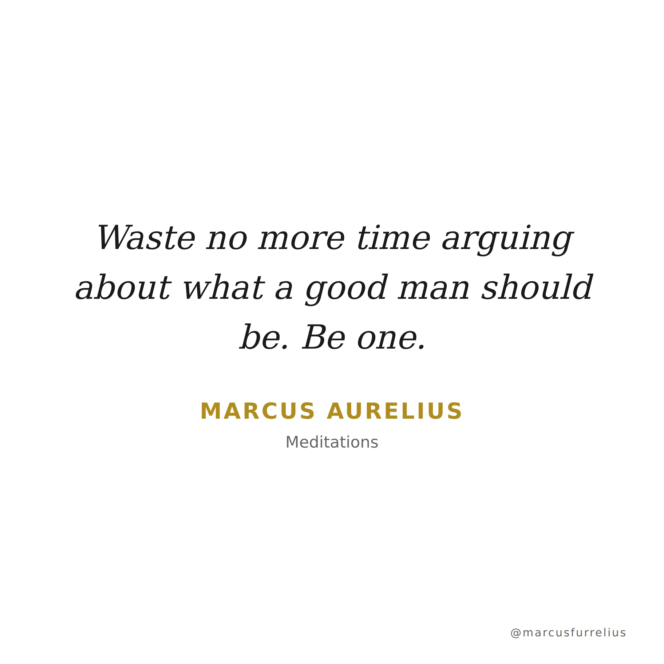 Quote by Marcus Aurelius: Waste no more time arguing about what a good man should be. Be one.